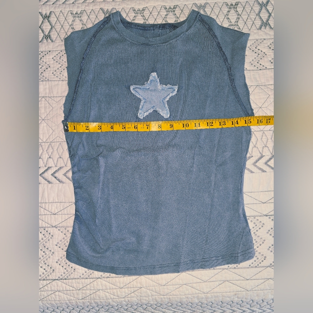 Blue Sleeveless Top with Star Patch Knit Medium